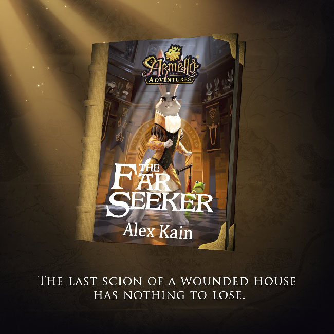 Book cover illustration with an anthropomorphic rabbit in a building, with other anthropomorphic rabbits looking down on her from a balcony. There’s also an anthropomorphic frog behind her.