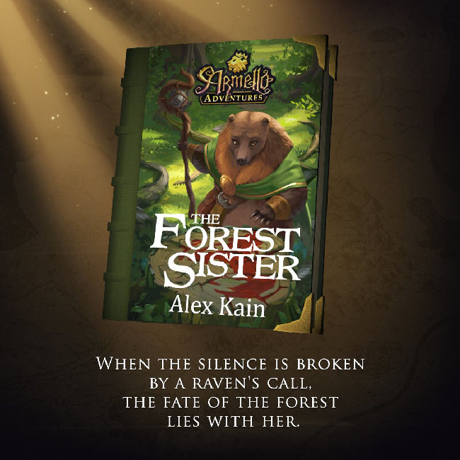 Book illustration with an anthropomorphic bear mage in a forest.