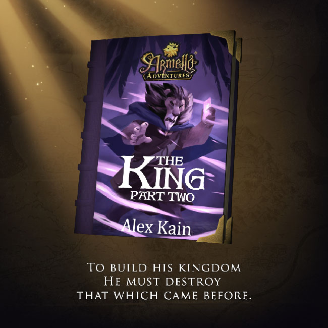 Book illustration with an anthropomorphic lion wearing a cloak, and holding a glowing purple crystal.