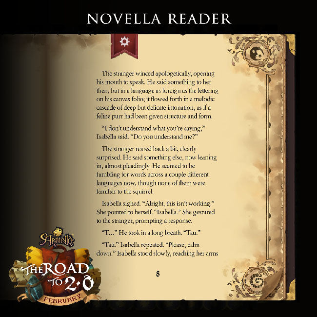Screenshot of novella reader in “Armello,” featuring the image of a book page with text for a story excerpt.
