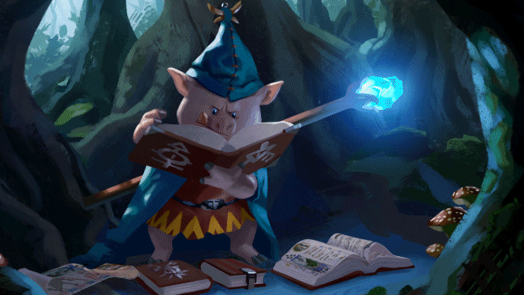 Illustration of an anthropomorphic pig wizard reading books in a forest.