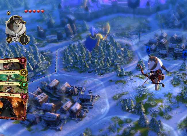 Partial screenshot of “Armello” gameplay, showing an anthropomorphic wolf archer on snowy terrain. On the side of the screenshot is a deck of cards poking out.
