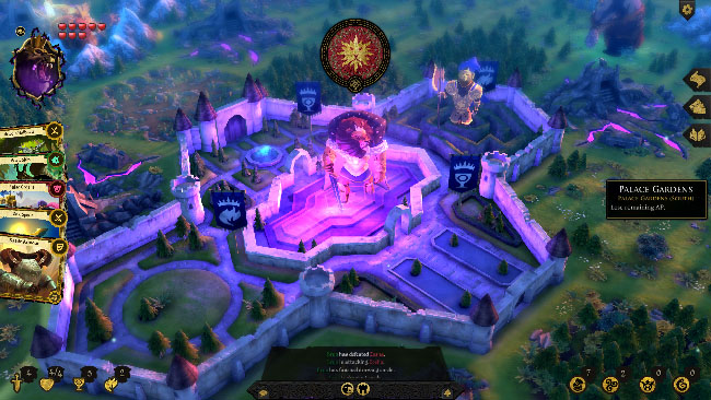Full screenshot of “Armello” gameplay, showing an anthropomorphic lion king in the middle of his castle. On the side of the screenshot is a deck of cards poking out.