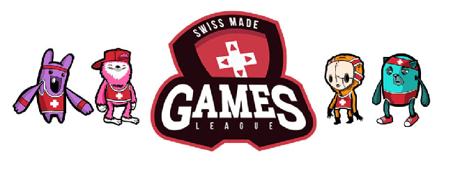 “Retimed” characters in red outfits next to the logo for the Swiss Made Games League.