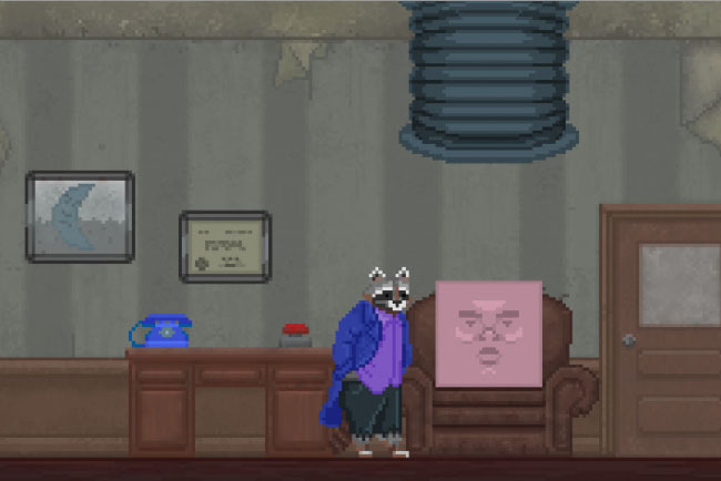 Screenshot of "The Raccoon Who Lost Their Shape." Done in pixel art. Anthropomorphic raccoon wearing casual clothes in an office. There is a sentient square--with a face--sitting in a chair with him. On the wall, there is the framed image of a crescent.