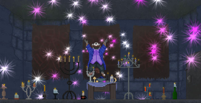 Screenshot of "The Raccoon Who Lost Their Shape." Done in pixel art. Anthropomorphic raccoon wearing casual clothes in room with candles and other occult items. Raccoon is levitating off the ground, looking up at the ceiling, with his arms raised purple. There are white, purple, and pink sparkles in the air.