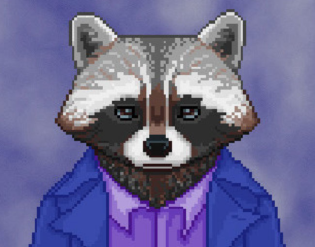 Screenshot of "The Raccoon Who Lost Their Shape." Done in pixel art. Anthropomorphic raccoon wearing casual clothes.