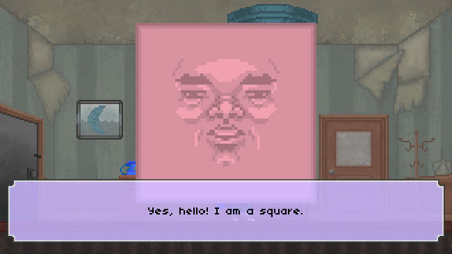 Screenshot of "The Raccoon Who Lost Their Shape." Done in pixel art. A sentient square--with a face--in an office, with a text box indicating his dialogue.