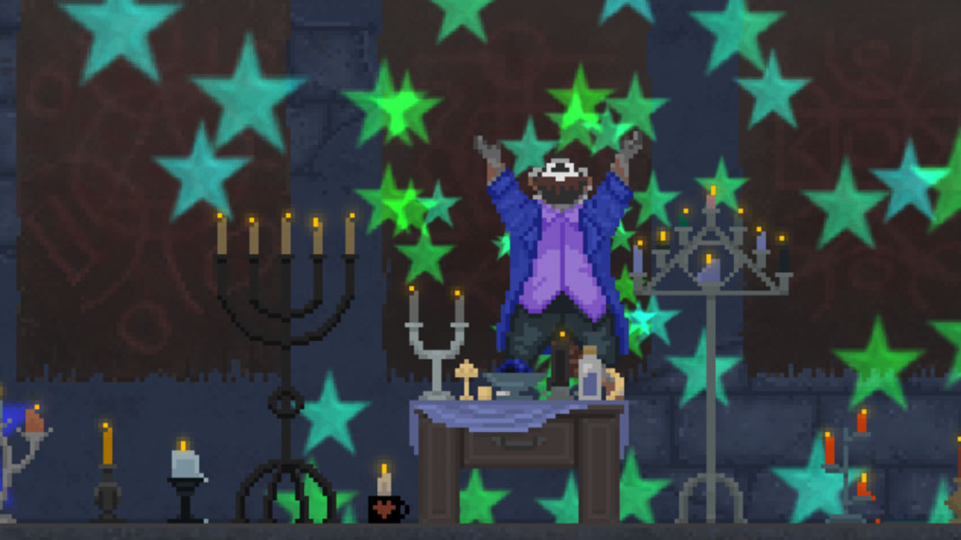Screenshot of "The Raccoon Who Lost Their Shape." Done in pixel art. Anthropomorphic raccoon wearing casual clothes in room with candles and other occult items. Raccoon is levitating off the ground, looking up at the ceiling, with his arms raised purple. There are green stars in the air.