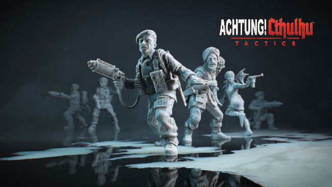 "Achtung! Cthulhu Tactics" art that shows white sculptures of the main squad members.