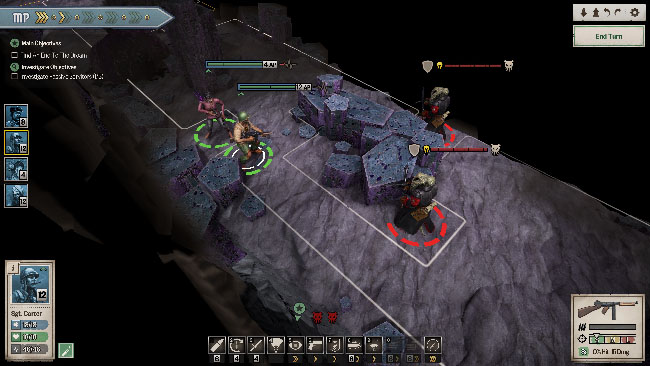 "Achtung! Cthulhu Tactics" screenshot showing the squad fighting enemies in rocky terrain.