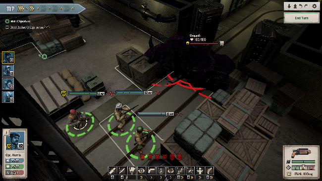 "Achtung! Cthulhu Tactics" screenshot showing the squad fighting blob-like enemies with tentacles, in what looks like a warehouse.