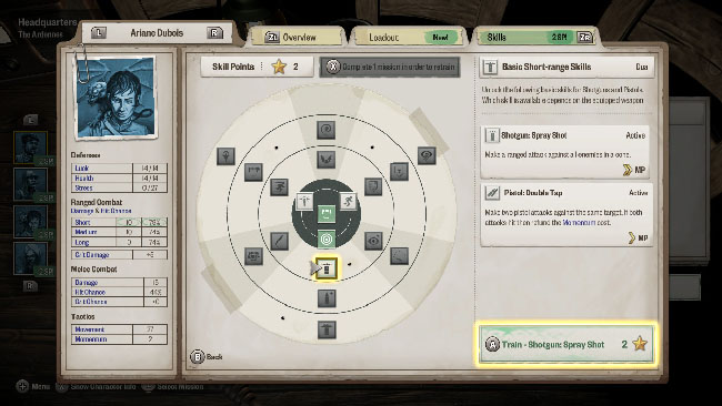 "Achtung! Cthulhu Tactics" screenshot showing a skill tree/customization menu for one of the squad members.