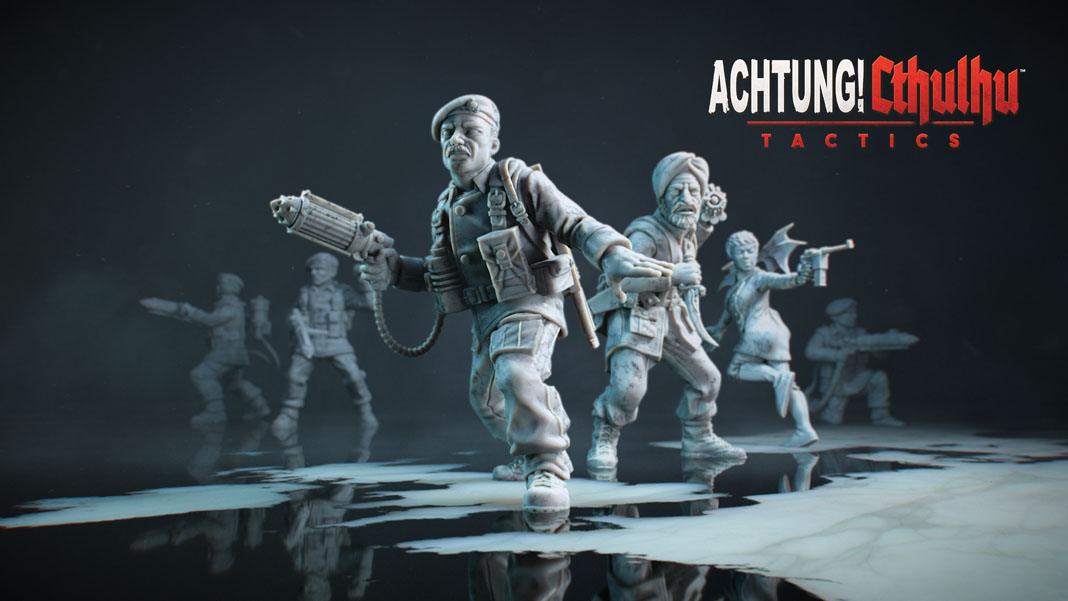 "Achtung! Cthulhu Tactics" art that shows white sculptures of the main squad members.
