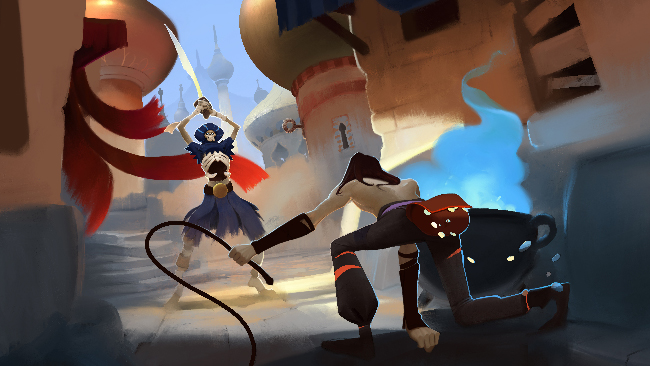 “City of Brass” promotional art featuring a shirtless man with long hair and a whip, confronting a skeletal undead figure with a sword in a fantasy Arabian desert city.