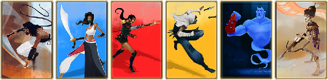 “City of Brass” promotional art featuring the game’s playable characters: Fool is a long-haired, shirtless man with a sword and whip; Traveler is a woman with a sword; Soldier is a woman with a spear; Brigand is a hooded figure throwing knives; Hellion is a blue genie with what seems to be red gauntlets on his hands; Revenant is an undead skeleton with a crossbow.