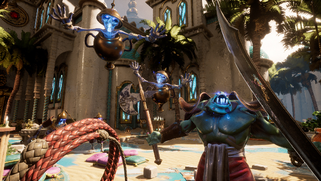 “City of Brass” screenshot featuring the player’s first-person perspective that shows the glimpses of the player’s weapons, a whip and sword. The first-person perspective also shows a confrontation with various monsters in a fantasy Arabian desert city.