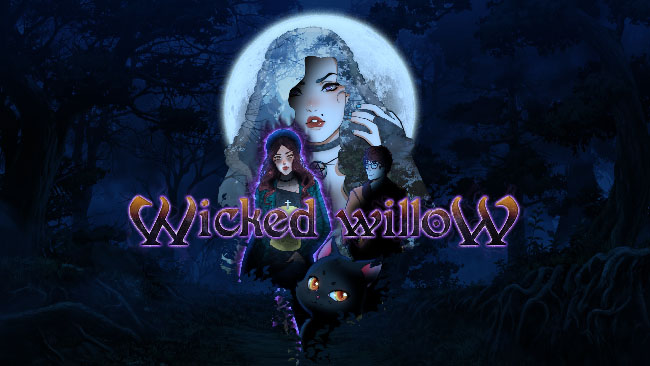 “Wicked Willow” promo illustration. It shows two women, a man, and a black cat in a dark, moonlit forest.