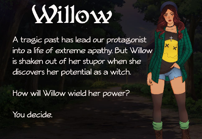 “Wicked Willow” character illustration of eponymous protagonist, Willow, a young woman with long, dark brown hair. She’s wearing a dark green jacket over a black-and-yellow shirt, blue jean shorts, a hat, and dark knee socks.