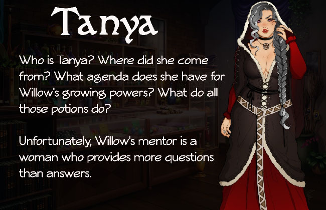 “Wicked Willow” character illustration of Tanya, Willow’s mentor. Tanya is a woman with long, gray, braided hair, and wearing dark robes over a red, long-sleeved dress. She looks young.