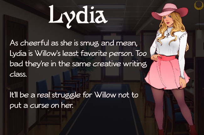 “Wicked Willow” character illustration of Lydia, a young blonde woman. She’s wearing pink skirt, a white long-sleeved shirt, a pink wide-brimmed hat, and tights.