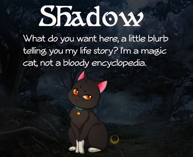 “Wicked Willow” character illustration of Shadow, a black cat with a collar.