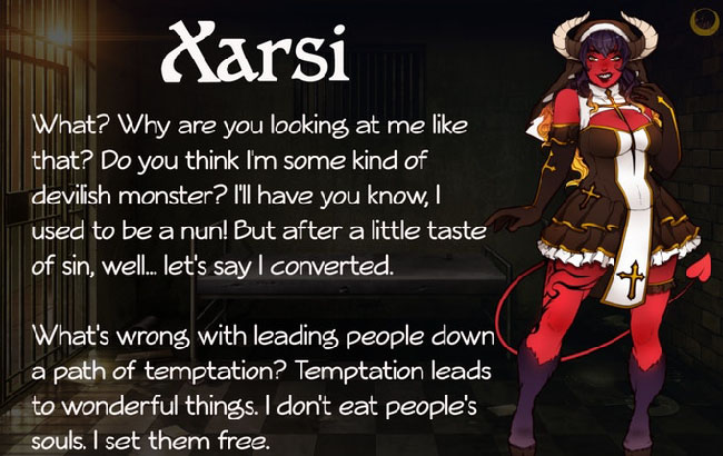 “Wicked Willow” character illustration of Xarsi, a red succubus. She has horns, long dark hair, a long tail, and she’s partially dressed like a nun.