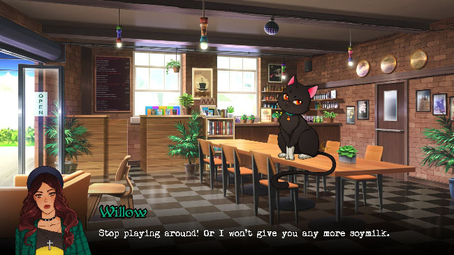 “Wicked Willow” screenshot with Willow—a young woman—and Shadow—a black cat—in what looks like a cafe.