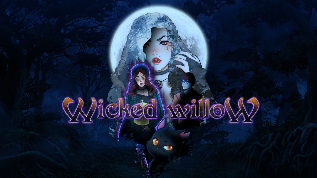 “Wicked Willow” promo illustration. It shows two women, a man, and a black cat in a dark, moonlit forest.