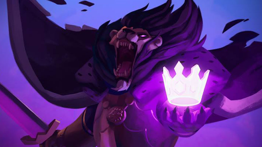 “Armello” illustration, featuring an anthropomorphic lion king with a sword. A glowing, somewhat transparent, slightly purple crown floats in his other clawed paw.