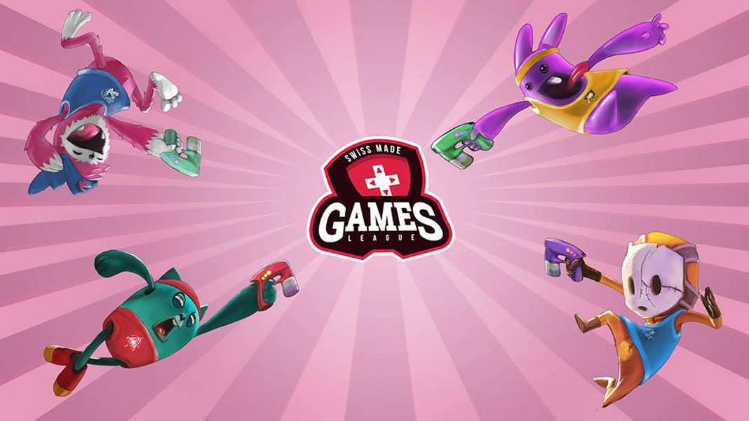 “Retimed” characters in differently colored outfits, armed with blasters, and jumping toward the logo for the Swiss Made Games League.