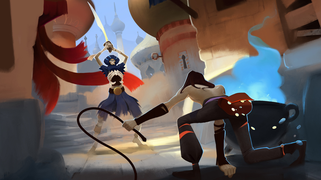 “City of Brass” promotional art featuring a shirtless man with long hair and a whip, confronting a skeletal undead figure with a sword in a fantasy Arabian desert city.